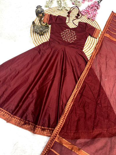 Maroon Pattu cotton Jacquard Kurti Dupatta Set of 2