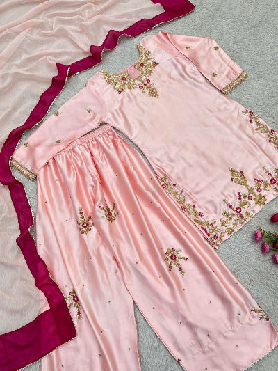 Blush Pink Silk Embroidered Farshi Suit Set | Asian Wear