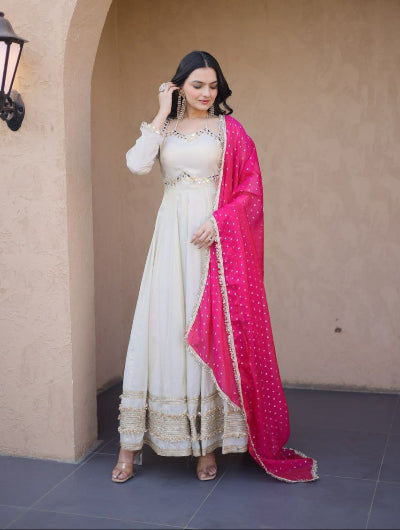 Ivory Gold Zari Work Anarkali Gown Dupatta Set Of 2