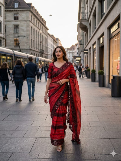 Red Embroidered Chiffon Silk Ready to Wear Saree with Stitched Blouse for Women