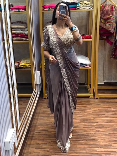Black Ready to Wear Drape Saree Embroidered Blouse