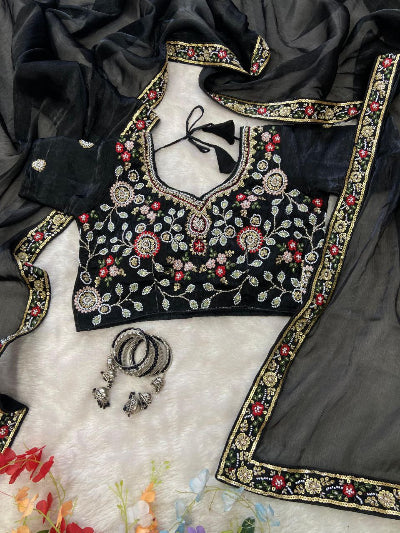 Black Silk Ready to Wear Saree with Embroidered Stitched Blouse