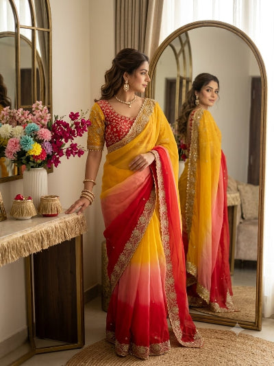 Mustard Ruby Ombre Pre-pleated Ready to Wear Saree with Embroidered Stitched Blouse