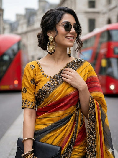 Mustard Yellow Embroidered Chiffon Silk Ready to Wear Saree with Stitched Blouse for Women