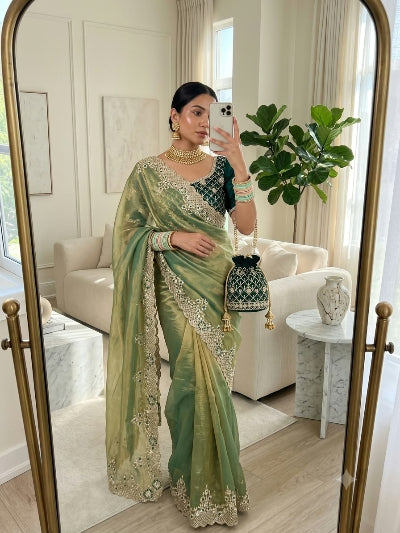Sage Green Chiffon Silk Pre-pleated Ready to Wear Saree with Stitched Blouse