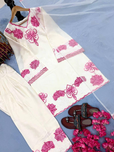 White Pink Floral Bell Sleeves Farshi Suit