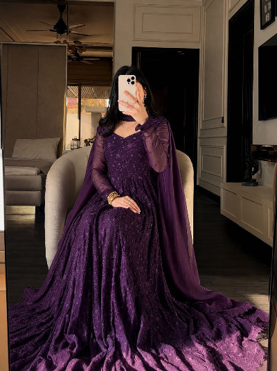Deep Purple Georgette Embroidered Gown Dupatta Set Of 2