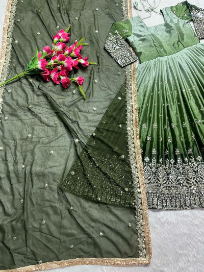 Emerald Green Sequin Embroidered Chinon Silk Anarkali Gown Set