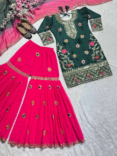 Bottle Green &amp; Pink Embroidered Silk Gharara Suit UK Next Day