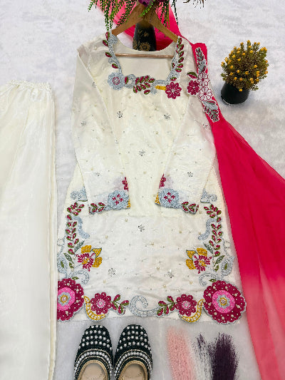 Ivory Floral Embroidered Sharara Palazzo Suit with Pink Dupatta