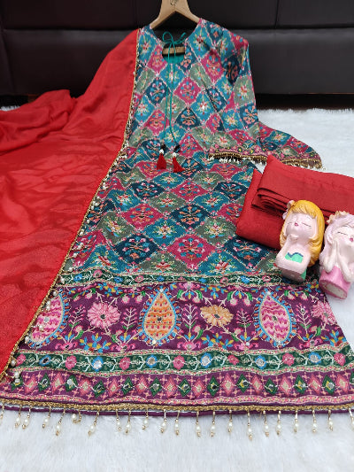 Teal &amp; Red Plus Size Chinon Silk Sharara Suit Set with Aari Mirror Work