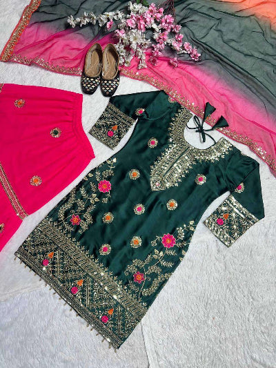 Bottle Green &amp; Pink Embroidered Silk Gharara Suit UK Next Day