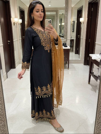 Black &amp; Gold Zari Embroidery Work Straight Suit