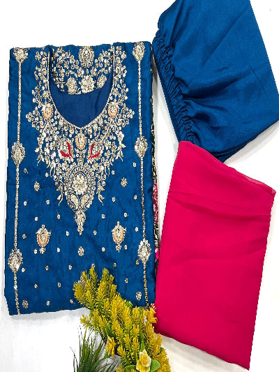 Peacock Blue Pink Sequins Embroidered Straight Suit