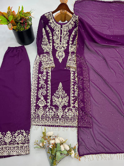 Purple Georgette Exquisite Embroidery Work Straight Suit Set for Women