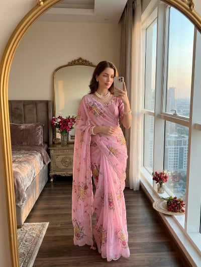 Blush Pink Floral Georgette Sari Free Stitched Blouse