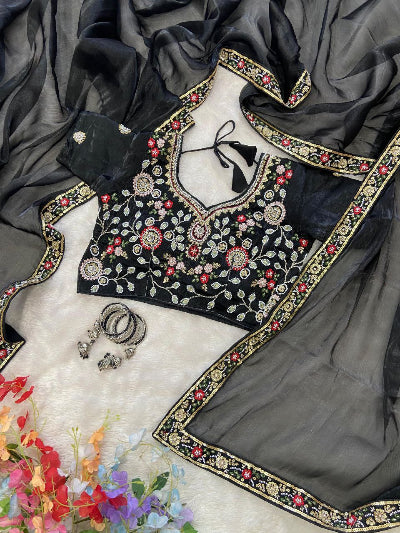 Black Silk Ready to Wear Saree with Embroidered Stitched Blouse