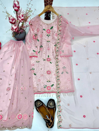 Light Blush Pink Embroidered Pearl Work Palazzo Suit