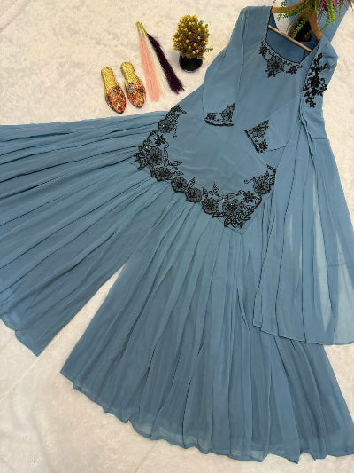 Powder Blue Georgette Beaded Embroidered Sharara Suit Set