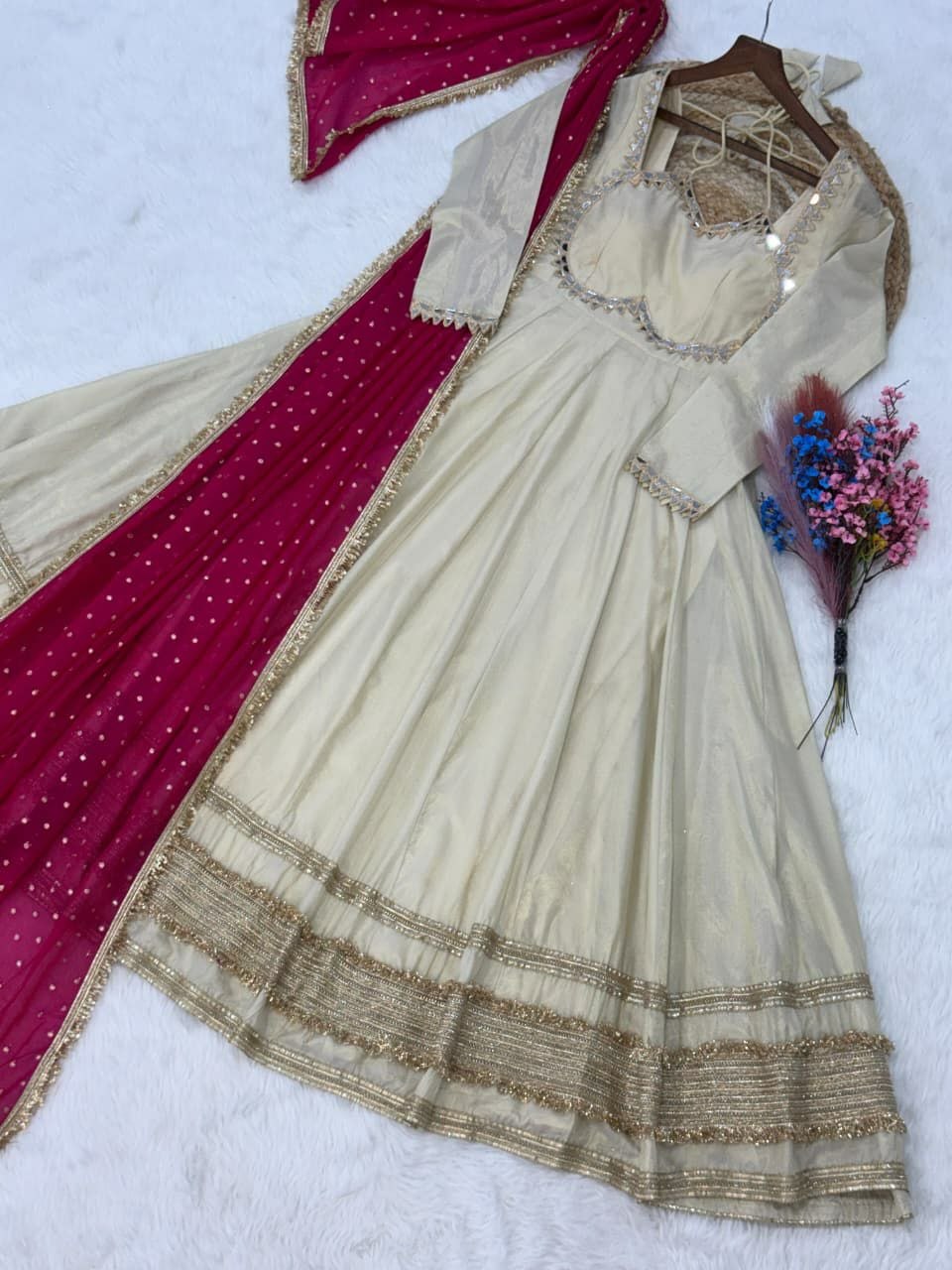 Ivory Gold Zari Work Anarkali Gown Dupatta Set Of 2