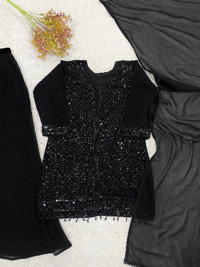 Black Georgette Palazzo Suit with Beads &amp; Sequins