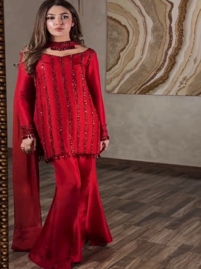 Red Beads Work Partywear Palazzo Suit Set