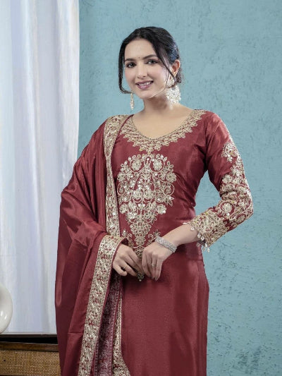 Brick Maroon Embroidered Chinnon Silk Straight Suit Set for Women UK