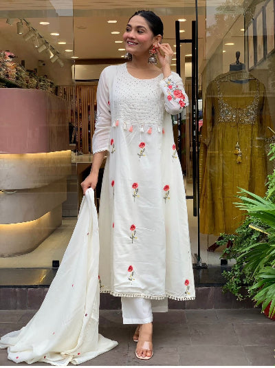 White Chanderi Embroidered Straight Suit Set