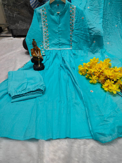 Pink &amp; Blue Lightweight Cotton Anarkali Suit with Embroidery
