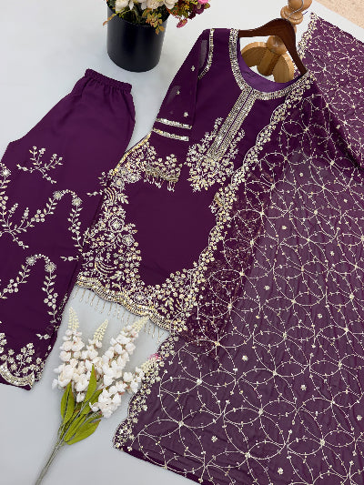 Deep Plum Purple Embroidered  Georgette Palazzo Suit
