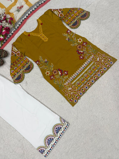 Mustard Yellow Embroidered Palazzo Suit with Printed Dupatta