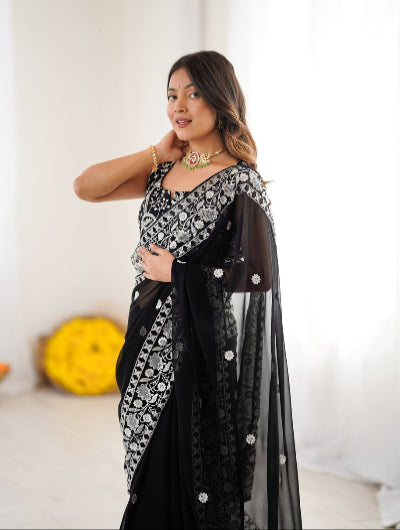 Black Georgette Thread Embroidery Ready to wear Saree with Free Stitched Blouse