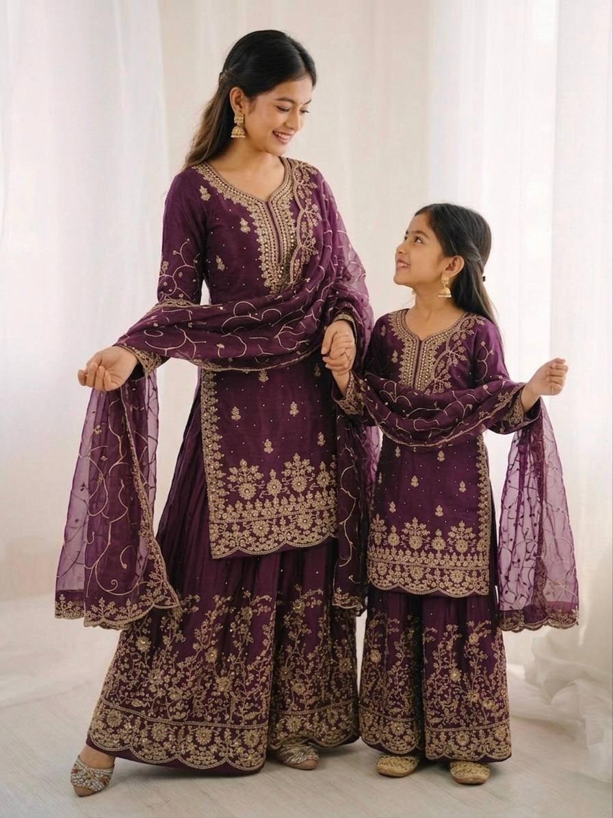 Mother Daughter Matching Festive Silk Sharara Suit Set