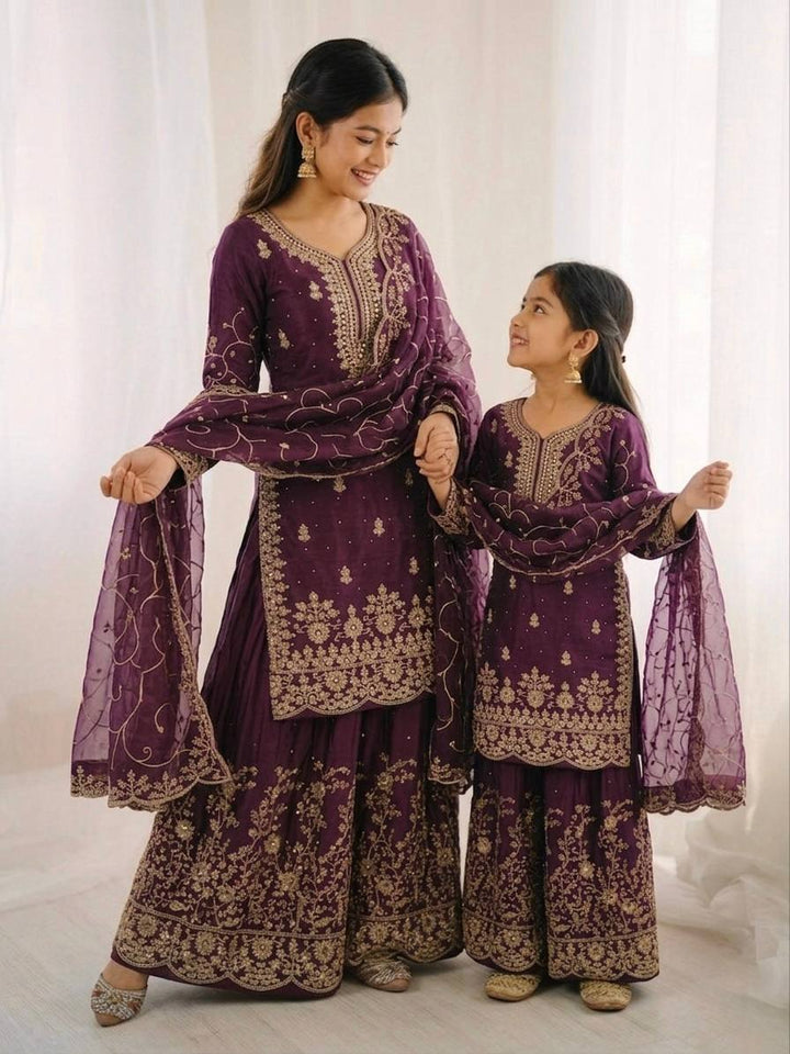 Mother Daughter Matching Festive Silk Sharara Suit Set