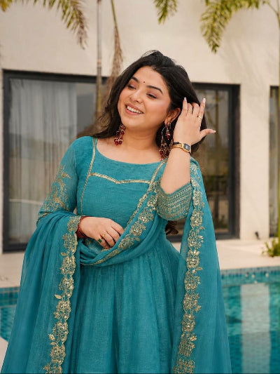 Teal Blue Embroidered Crunchy Silk Anarkali Suit for Women