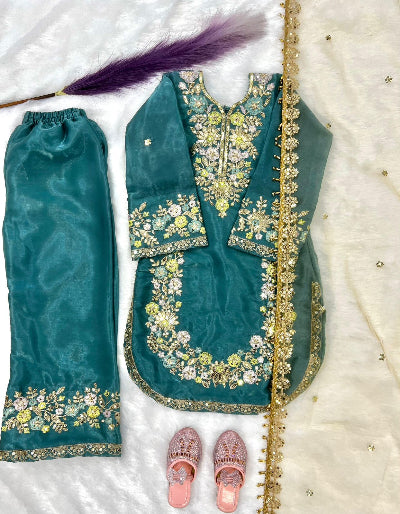 Kids Emerald Teal Silk Embroidery Work Suit Set