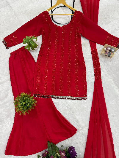 Red Beads Work Partywear Palazzo Suit Set