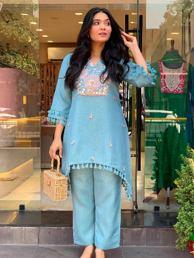 Sky Blue Embroidered Cotton Co-Ord Ethnic Set