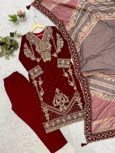 Deep Red Georgette Gold Embroidered Straight Suit Set