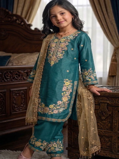 Kids Emerald Teal Silk Embroidery Work Suit Set