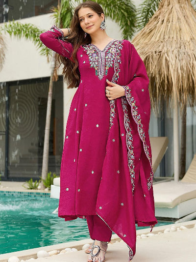 Rani Pink Ethnic Wear Women Anarkali Suit Set