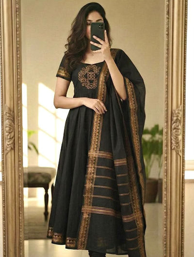 Black Pattu cotton Jacquard Kurti Dupatta Set of 2