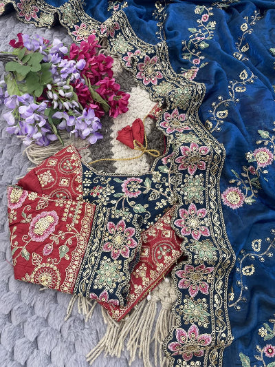 Teal Blue Silk Embroidery Work Ready to Wear Saree with Stitched Blouse