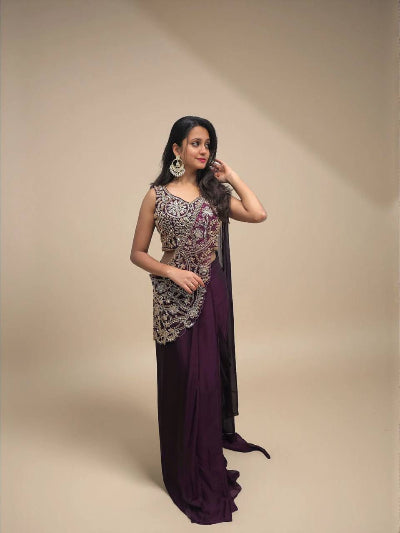 Designer Lehenga Saree &amp; Embroidered Blouse Burgundy &amp; Olive Green