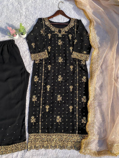 Partywear Designer Gold Embroidery Straight Suit