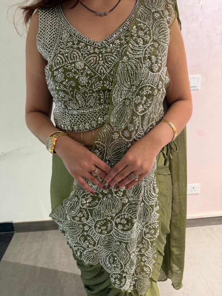 Olive Green Ready to Wear Drape Saree Embroidered Blouse