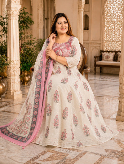 Plus Size Women Cream Pink Cotton Anarkali Dupatta Set of 2