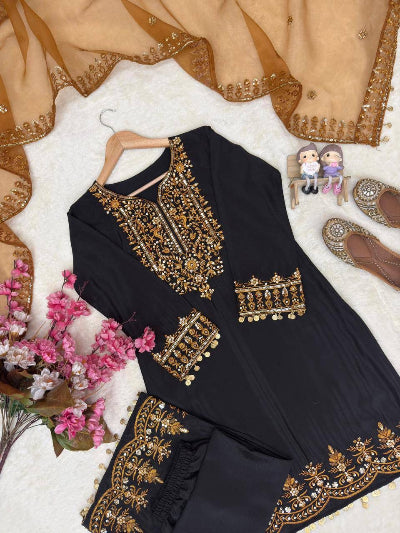 Black &amp; Gold Zari Embroidery Work Straight Suit