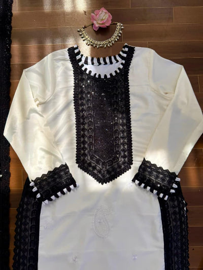 White &amp; Black Sequins Straight Suit Set