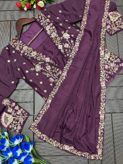 Burgundy Embroidered Ready-to-Wear Saree with Party Jacket &amp; Blouse